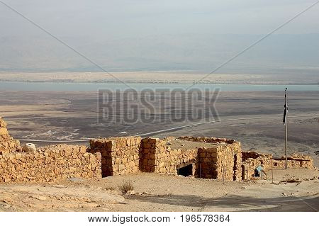 View of Masada fortress, Judaean Desert and Dead Sea. Israel