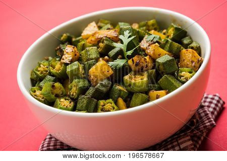 Indian masala fried bhindi or bhendi or Okra or ladyfinger curry or sabji, selective focus