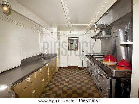 Interior of the icebreaker Tarmo kitchen. Kotka Finland 16.07.2017.