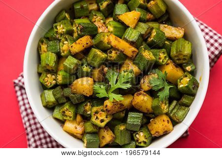 Indian masala fried bhindi or bhendi or Okra or ladyfinger curry or sabji, selective focus