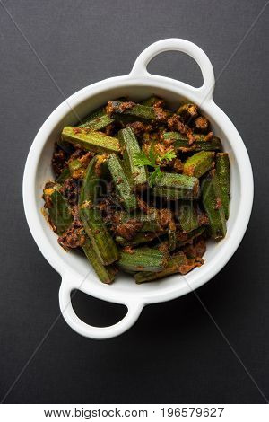 Indian masala fried bhindi or bhendi or Okra or ladyfinger curry or sabji, selective focus
