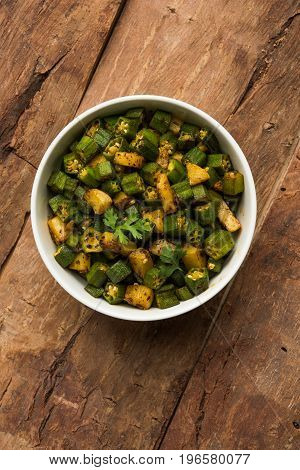 Indian masala fried bhindi or bhendi or Okra or ladyfinger curry or sabji, selective focus