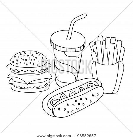 Fast food set. Hamburger french fries hot dog and soft drink in cup with straw. Vector illustration for your cute design.