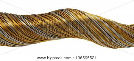 3d illustration of twisting gold and steel wires isolated on white.
