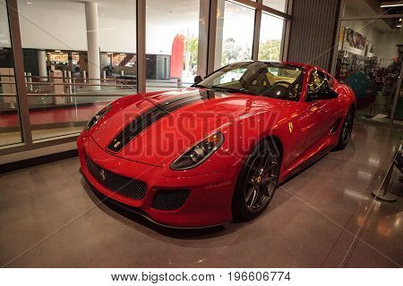 Los Angeles CA USA - July 23 2017: Red 2010 Ferrari 599 GTO displayed at the Petersen Automotive Museum. Editorial use.