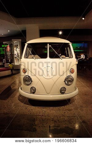 Los Angeles CA USA - July 23 2017: White 1966 Volkswagen Type 265 Double Cab Pickup displayed at the Petersen Automotive Museum. Editorial use.