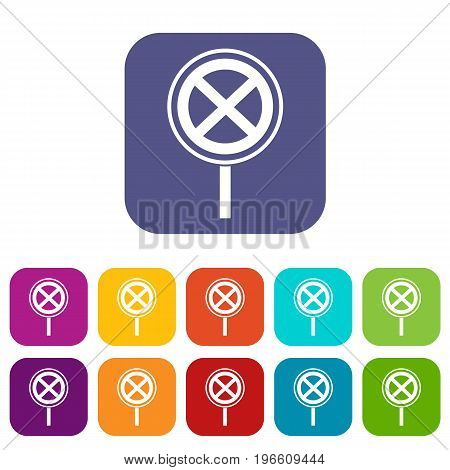 No stopping and parking sign icons set vector illustration in flat style in colors red, blue, green, and other