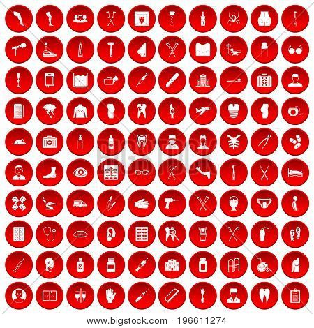 100 medical care icons set in red circle isolated on white vector illustration