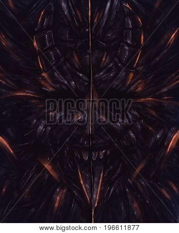 Illustration of a horror devil head with tongue and glowing fire stripes and effects.