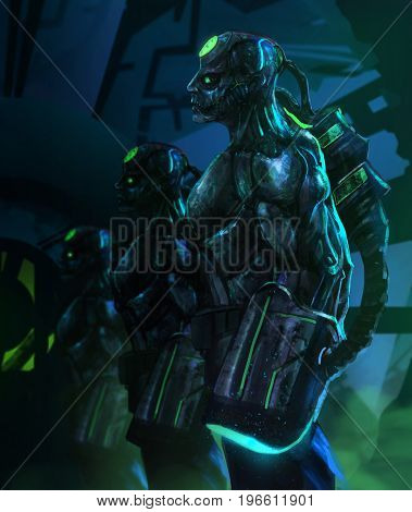 Robotic futuristic zombie warriors with glowing plasma weapons standing on misty dungeon background.