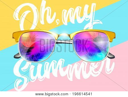 Minimal Fashion Vector Design. Yellow Sunglasses on Striped Pastel Background. Bright Reflections with Palm. Creative Pop Art Style. Glamour Art with Oh my Summer Text. Top View.