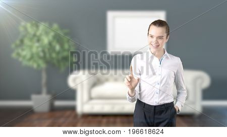Young Beautiful Business Woman And Creative Designer Standing Over Blured Interior Background