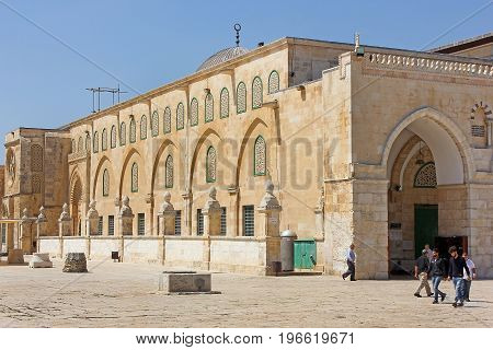 JERUSALEM, ISRAEL - June 15, 2017: Al-Aqsa Mosque, also known as Al-Aqsa and Bayt al-Muqaddas, is the third holiest site in Sunni Islam and is located in the Old City of Jerusalem, Israel