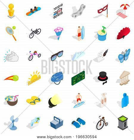 Summer game icons set. Isometric style of 36 summer game vector icons for web isolated on white background