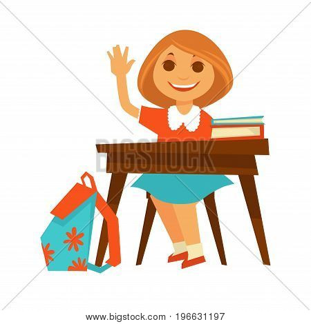 Cheerful girl in orange blouse and blue skirt sits at wooden desk with textbooks on top and backpack with flowers besides, and raises her hand to answer. Casual day at school vector illustration.