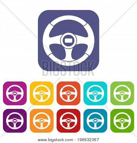 Car steering wheel icons set vector illustration in flat style in colors red, blue, green, and other