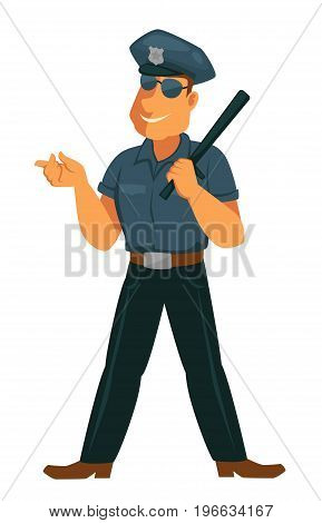 Cheerful police officer in modern sunglasses, navy blue uniform, cap with special sign holds black rubber bat isolated vector illustration on white background. Friendly public guardian at work.