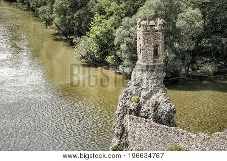 Ruins of Devin castle near city Bratislava Slovakia. Turret over river confluence Morava and danube