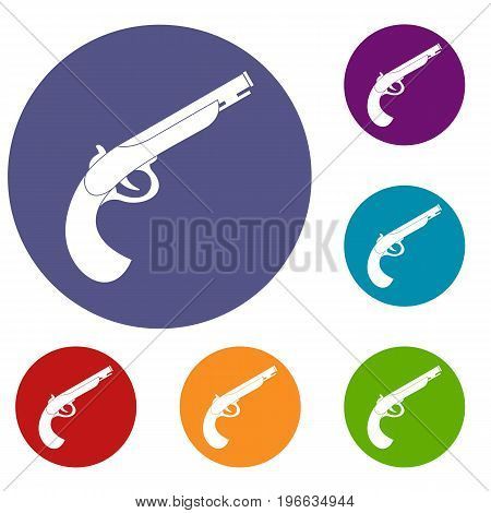 Gun icons set in flat circle red, blue and green color for web