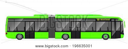 Large Articulated Trolleybus. Green With Modern Design. Side View. Translucent Windows.
