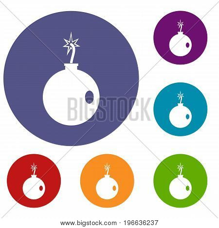 Cannonball icons set in flat circle red, blue and green color for web