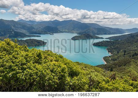 aerial view of Queen Charlotte Sound in Marlborough Sounds, South Island, New Zealand