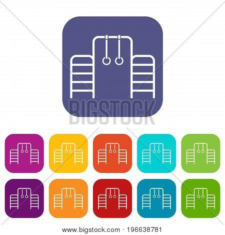 Horizontal bar with climbing rings and ladder icons set vector illustration in flat style in colors red, blue, green, and other