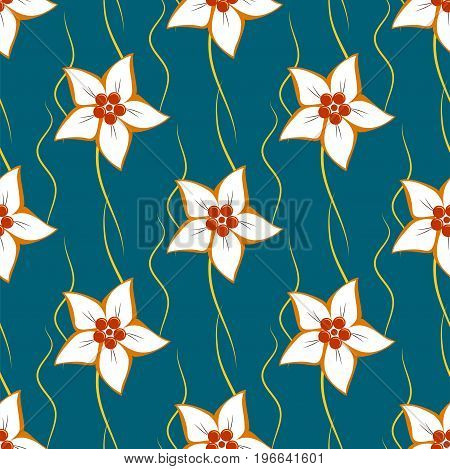 White flowers and green twigs on a dark green background. Seamless pattern
