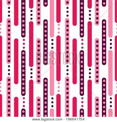 Pink and burgundy rounded stripes with colored circles. Seamless geometric pattern