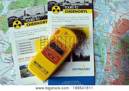 Illustrative Editorial.Comercial booklet of travel agency sugest tourism in Chernobyl Area.Tragedy as attraction.Kiev,Ukraine July 9, 2017