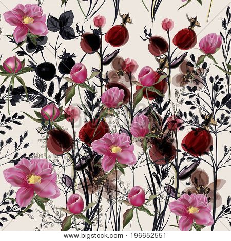 Flower vector pattern with peony and plants. Vintage provance style