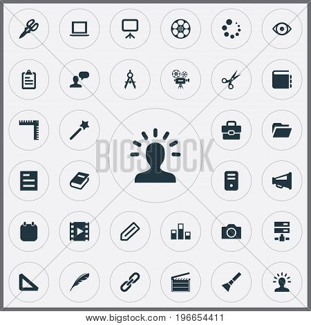Elements Wizard Stick, Dossier, Camcorder And Other Synonyms Quill, Scissors And Retro.  Vector Illustration Set Of Simple Designicons Icons.