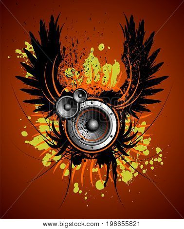 Vector Music Illustration With Wing And Blot On Red Beckground