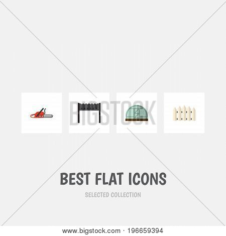 Flat Icon Dacha Set Of Hacksaw, Wooden Barrier, Hothouse And Other Vector Objects