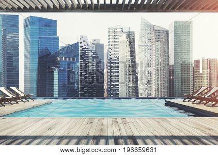 Wooden pier with rows of white and wooden deck chairs near a pool. Ocean. Cityscape. Cloudless sky. 3d rendering mock up
