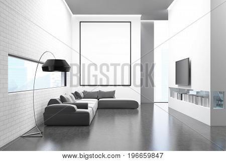 White brick wall living room with a gray sofa poufs a framed vertical poster a TV set hanging above a bookshelf on a white wall. 3d rendering mock up