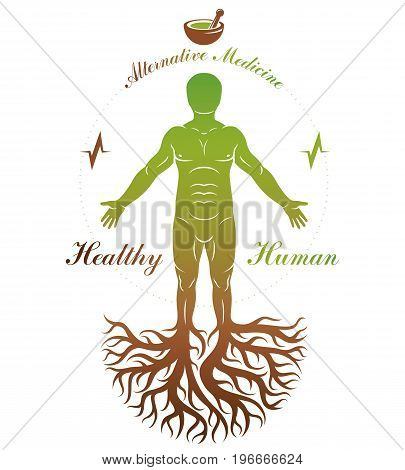 Vector graphic illustration of strong male depicted as continuation of tree and composed with mortar and pestle. Phytotherapy metaphor healthy lifestyle concept.