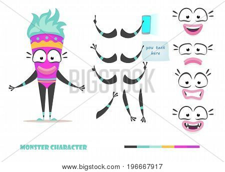 Monster character animation and creation set. Parts of body for design you scene. Cute faces and emotions. Moving arms, legs. Cartoon female alien constructor. Fear, joy, smile, sadness.