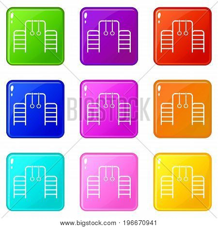 Horizontal bar with climbing rings and ladder icons of 9 color set isolated vector illustration