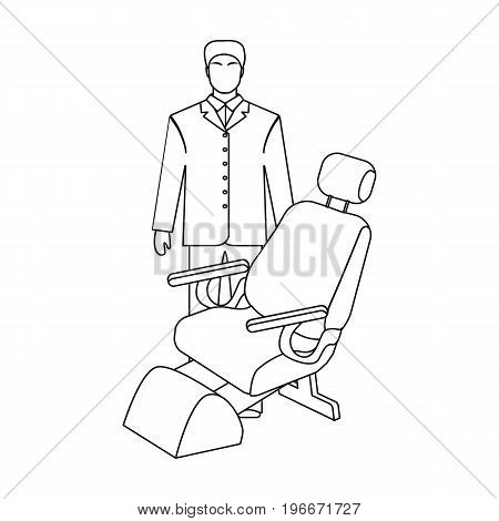 The doctor is a dentist in a white dressing gown in the office next to the chair. Medicine single icon in outline style vector symbol stock illustration .