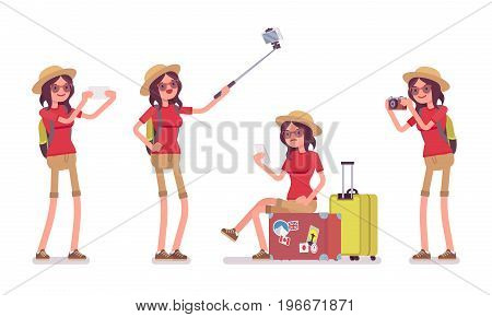Tourist woman with gadgets. Lady wearing comfy travel outfit, taking pictures with camera, making selfie, trip photography for blog. Vector flat style cartoon illustration, isolated, white background