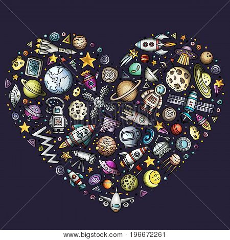 Colorful vector hand drawn set of Spacel cartoon doodle objects, symbols and items. Heart form composition