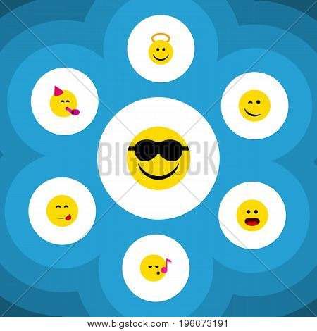 Flat Icon Emoji Set Of Delicious Food, Happy, Descant And Other Vector Objects