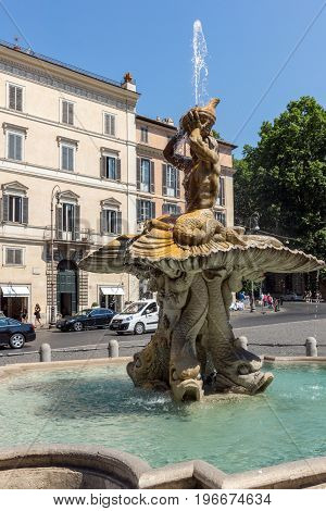 ROME, ITALY - JUNE 22, 2017: Amazing view of Triton Fountain at Piazza Barberini in Rome, Italy