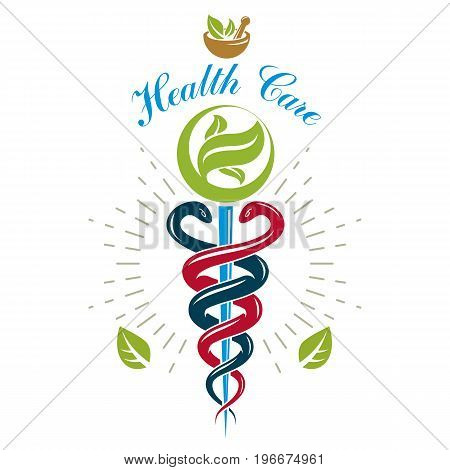Aesculapius vector abstract logo Caduceus symbol composed with mortar and pestle for use in medical treatment.