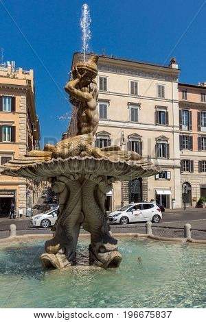 ROME, ITALY - JUNE 22, 2017: Amazing view of Triton Fountain at Piazza Barberini in Rome, Italy