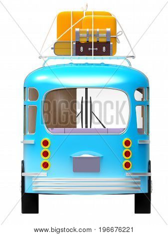 blue retro bus with roof rack luggage back view isolated on white. 3d illustration