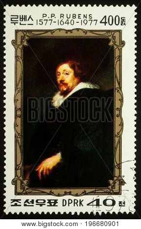 Moscow Russia - July 24 2017: A stamp printed in DPRK (North Korea) shows self-portrait of Flemish painter Peter Paul Rubens dedicated to the 400th Anniversary of the Birth of P.P. Rubens (1577-1640) circa 1977