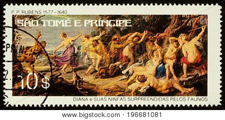 Moscow Russia - July 23 2017: A stamp printed in Sao Tome and Principe shows painting Diana and her Nymphs Surprised by Fauns (1638-1640) by Rubens series 