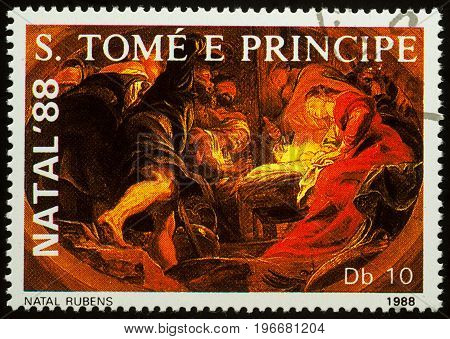 Moscow Russia - July 23 2017: A stamp printed in Sao Tome and Principe shows painting Nativity scene by Rubens series 